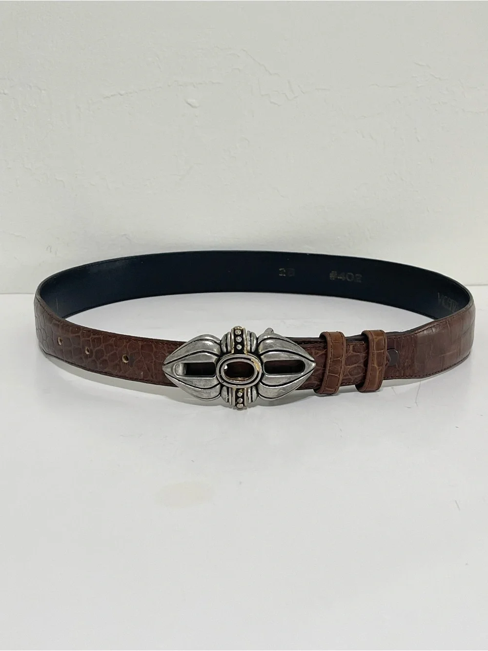 Vintage Vicenza Genuine Italian Calfskin Croc Embossed Belt Ornate Buckle Sz 28